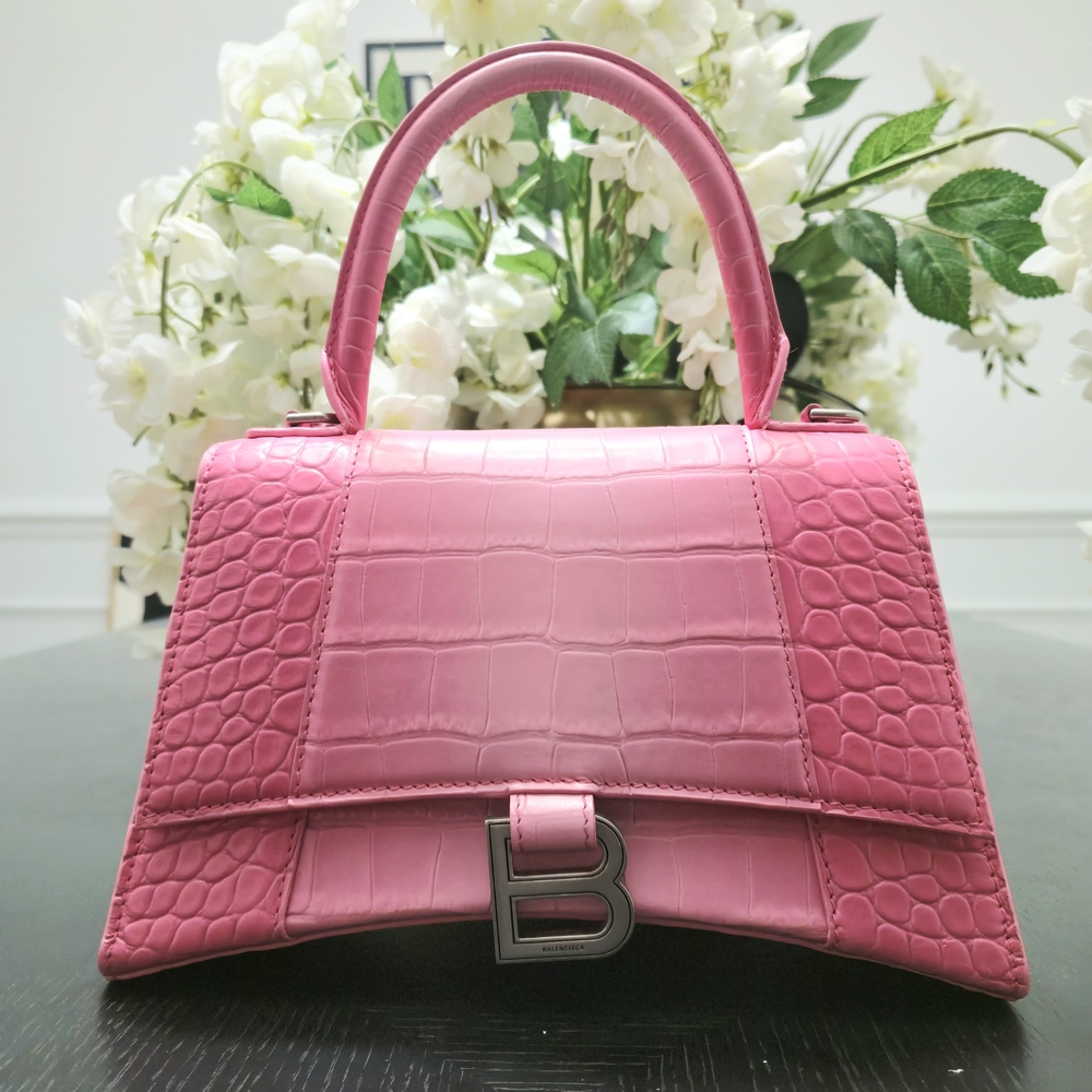 Balenciaga Hourglass Pink Crocodile-Embossed Top Handle Bag